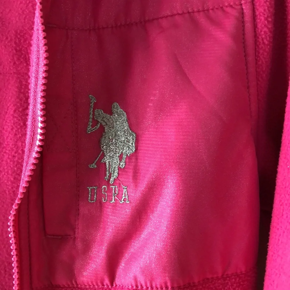 U.S. Polo Assoc. Girl’s Pink Plush Zip Hooded Jacket Pockets Arm Patches M